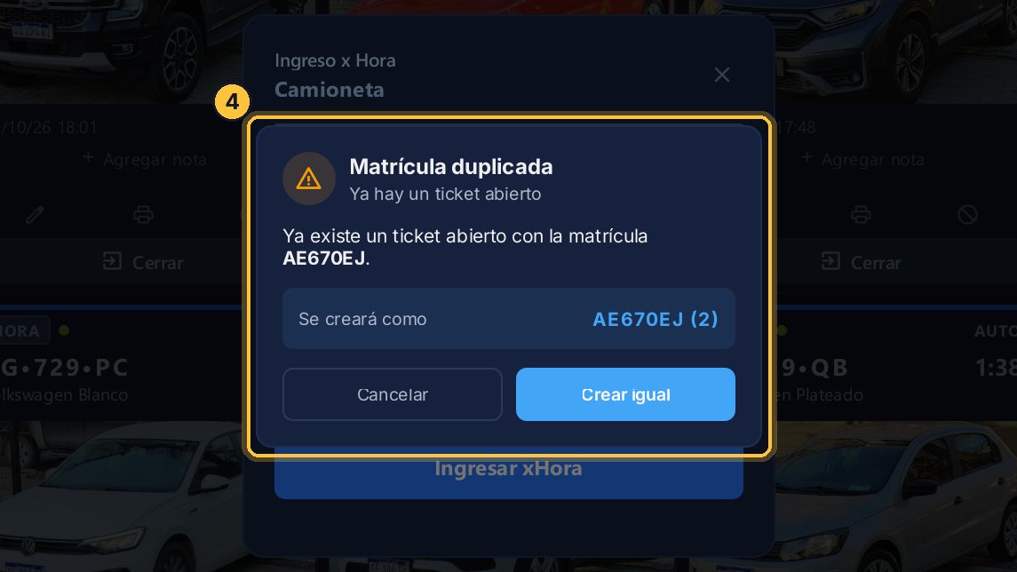 El sistema avisa que ya hay un ticket abierto con esa matrícula. Puedes cancelar, o crearlo igual: queda con un número al final, para distinguirlo.