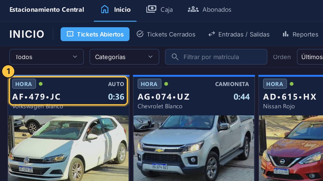 Arriba, el tipo de tarifa y la categoría. Debajo, la matrícula y, a la derecha, el tiempo que lleva adentro.