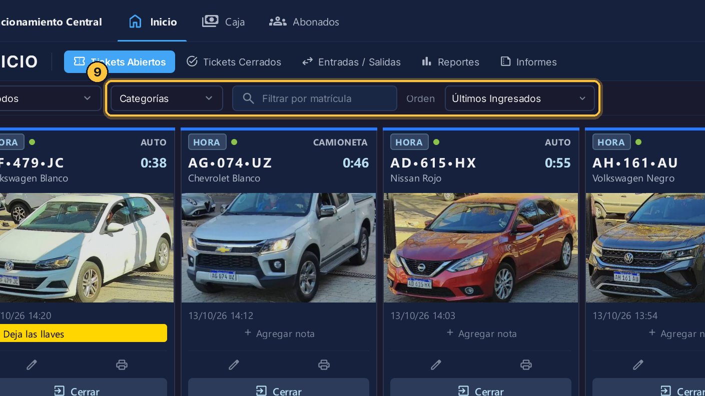 Al lado está el filtro por categoría. Y con Orden eliges qué ves primero: los últimos que entraron, los primeros, por matrícula, o por salida estimada.